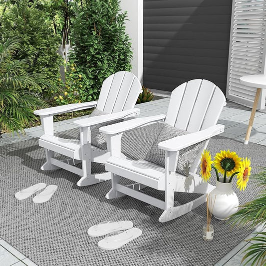 Costaelm Outdoor Adirondack Chair Set of 2, All Weather Resistant Classic Balcony Chair and Fire Pit Chairs, Plastic Outdoor Porch Furniture Rocking Chair High Back HDPE Poly Lumber, White