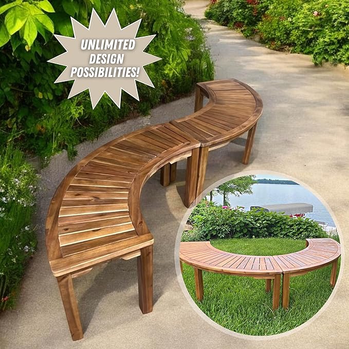 Patio Wise Acacia Wood Outdoor Curved Bench for Fire Pit Seating – 6-Foot Backless Round Bench for Patio, Porch, Park, or Dining Table, 57" L x 16" W x 17.75" H, Teak Color