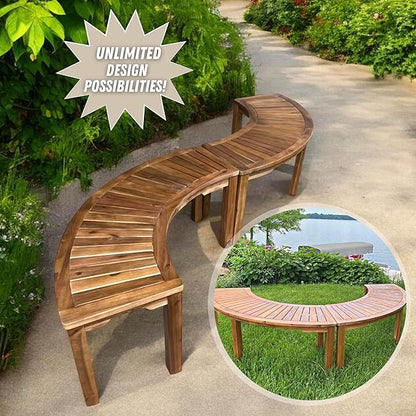 Patio Wise Acacia Wood Outdoor Curved Bench for Fire Pit Seating – 6-Foot Backless Round Bench for Patio, Porch, Park, or Dining Table, 57" L x 16" W x 17.75" H, Teak Color