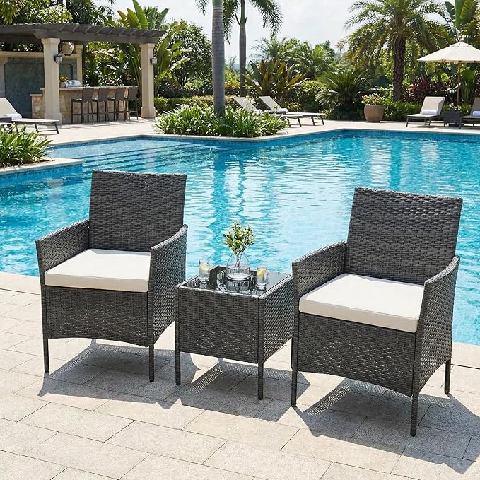 GarveeHome 3-Piece Patio Bistro Set, PE Rattan Outdoor Conversation Furniture with 2 Cushioned Chairs & Coffee Table - Photo 7
