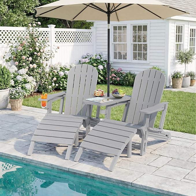 JY QAQA Outdoor Adirondack Chair Set of 2 with Detachable Table & Ottoman, All-Weather HDPE Patio Furniture with Wood Texture & Cup Holder for Patio, Poolside, Garden, Light Grey