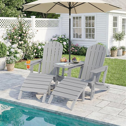 JY QAQA Outdoor Adirondack Chair Set of 2 with Detachable Table & Ottoman, All-Weather HDPE Patio Furniture with Wood Texture & Cup Holder for Patio, Poolside, Garden, Light Grey