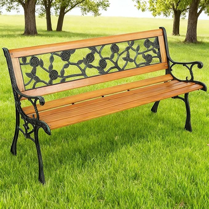 49" Outdoor Wood Bench for Garden, Patio & Porch, 2-Person Bench with Iron Armrests, PVC Backrest, Weather-Resistant Hardwood Seat, Natural Wood & Bronze