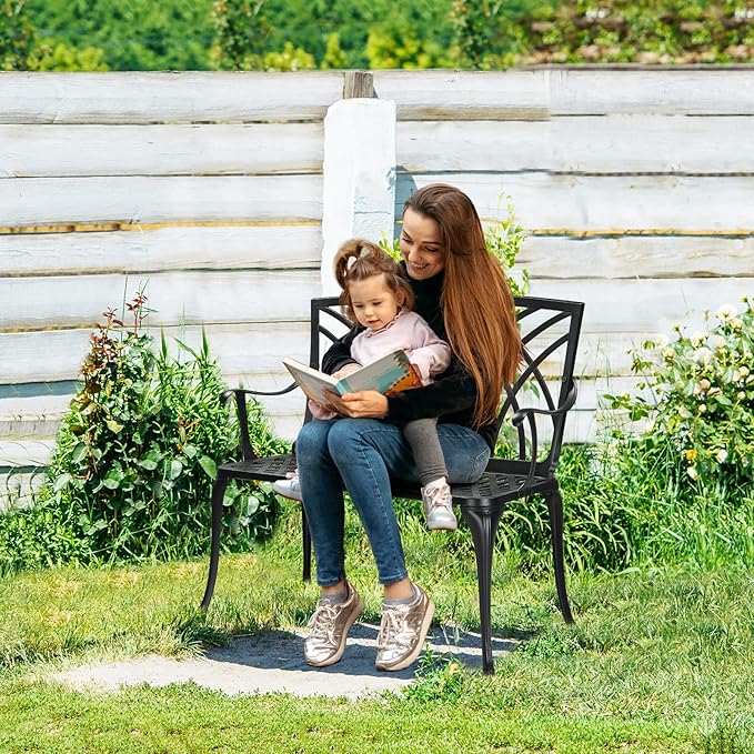 38in Outdoor Cast Aluminum Patio Bench, Antique Metal Outside Bench with Orchid Pattern Back,Patio Furniture Chair Outdoor Bench,Slatted Seat for Park, Yard & Porch, Antique Black