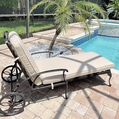 HOMEFUN Outdoor Chaise Lounge Chair with Cushion - Poolside Set of 1 Chair for Outside Cast Aluminum Waterproof Lounger with Wheels and Adjustable Reclining (Beige Cushion)
