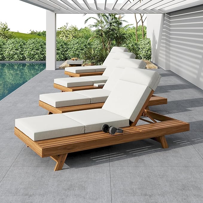 2-Piece Patio Lounge Chair Set with Side Space, Outdoor Chaise Lounge Adjustable & Breathable Acacia Wood Frame, Water-Resistant Cushions(Cream & 4 Inch Thick & 4-FOLD)