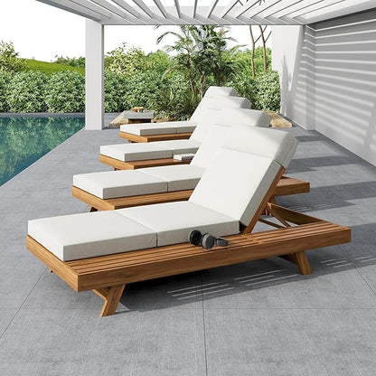 2-Piece Patio Lounge Chair Set with Side Space, Outdoor Chaise Lounge Adjustable & Breathable Acacia Wood Frame, Water-Resistant Cushions(Cream & 4 Inch Thick & 4-FOLD)