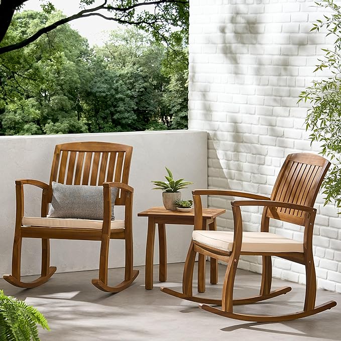 Christopher Knight Home Selma Acacia Rocking Chairs with Cushions, 2-Pcs Set, Teak Finish