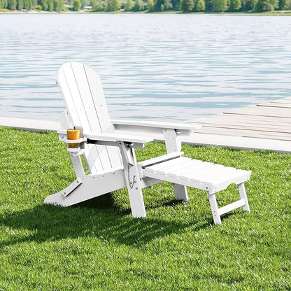 WestinTrends Malibu Folding Adjustable Adirondack Chair with Retractable Ottoman and Cup Holder, White