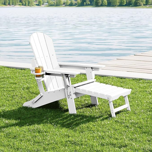 WestinTrends Malibu Folding Adjustable Adirondack Chair with Retractable Ottoman and Cup Holder, White
