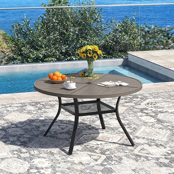 DIFY 40.6" Round Outdoor Patio Dining Table for 4, All-Weather Metal Steel Slatted Patio Table with 1.57" Adjustable Umbrella Hole, for Lawn Garden Porch Backyard, Grey Wood-Like
