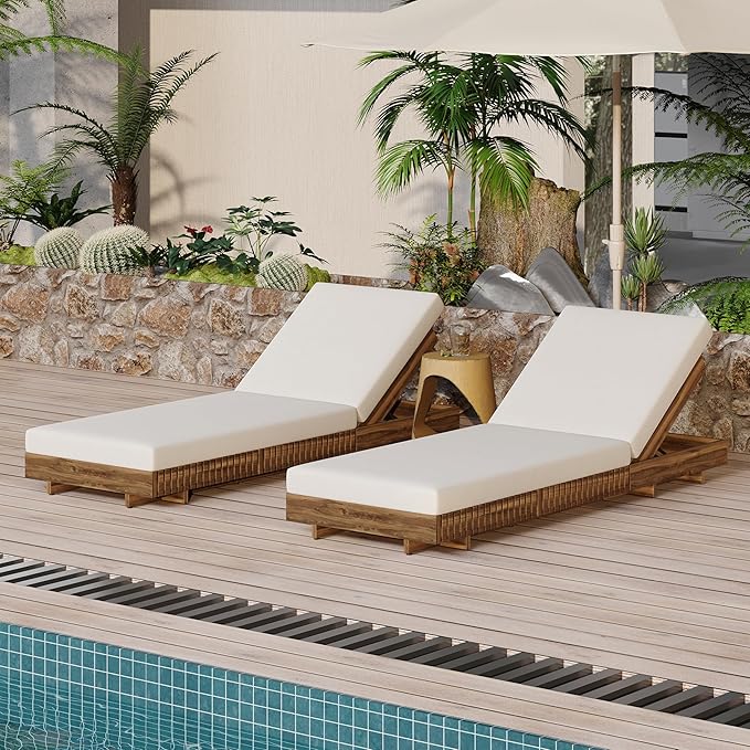 Merax 2-Piece Acacia Wood Chaise Lounge Set w/ 6-Position Adjustable Backrest & Cushion - Outdoor Patio Poolside - Photo 1
