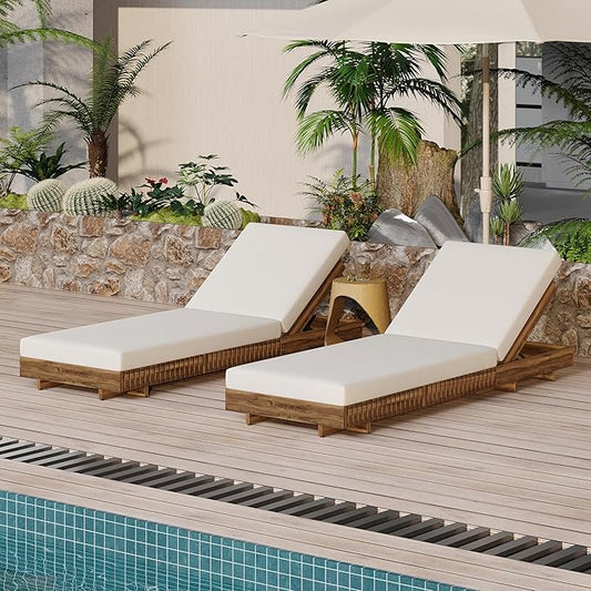 Merax 2-Piece Acacia Wood Chaise Lounge Set w/ 6-Position Adjustable Backrest & Cushion - Outdoor Patio Poolside Furniture, Beige
