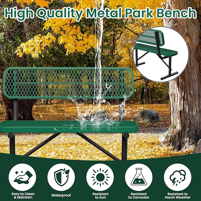 4ft Green Metal Park Bench with Backrest, Heavy Duty Outdoor Benches Weatherproof Steel Long Playground Bench Seats, Commercial Garden Benches Dock Benches for Lawn, Park, Deck,Patio, Porch