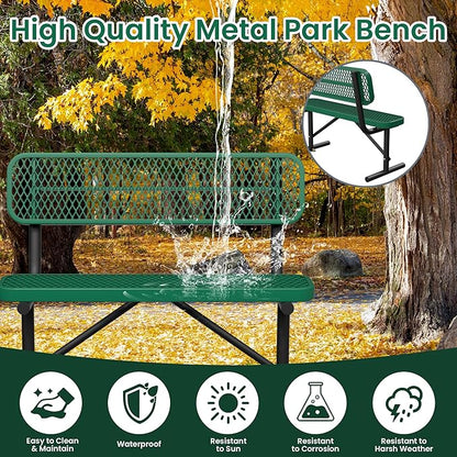 4ft Green Metal Park Bench with Backrest, Heavy Duty Outdoor Benches Weatherproof Steel Long Playground Bench Seats, Commercial Garden Benches Dock Benches for Lawn, Park, Deck,Patio, Porch