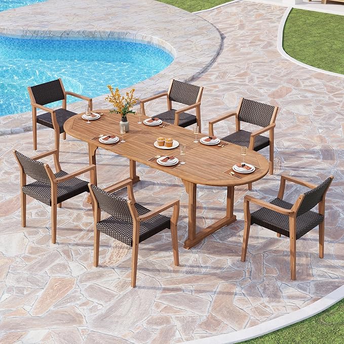 PHI VILLA Outdoor Acacia Wood Chairs Set of 2, Heavy-Duty Dining Armchairs with Wicker Back & Seat, Farmhouse Style Teak Seating Furniture for Patio, Deck, Yard, Balcony, Garden