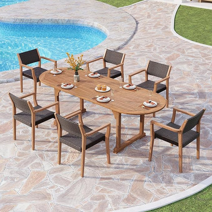 PHI VILLA Outdoor Acacia Wood Chairs Set of 2, Heavy-Duty Dining Armchairs with Wicker Back & Seat, Farmhouse Style Teak Seating Furniture for Patio, Deck, Yard, Balcony, Garden