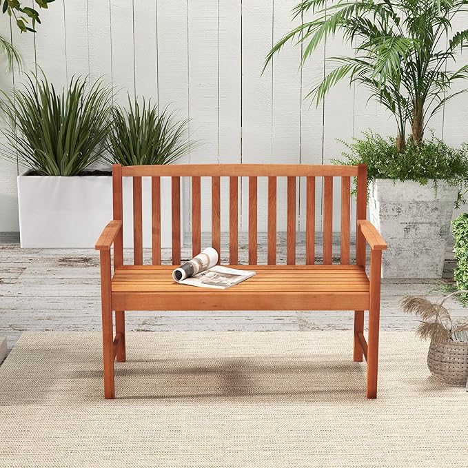 Giantex Outdoor Bench, Wood Patio Bench with Cozy Armrests & Backrest, Slatted Sitting Area, Eucalyptus Wood Frame - Photo 7