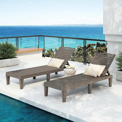 Outdoor Chaise Lounge Chair Set of 2 with 5 Position Adjustable Backrest, Water-Resistant Tanning Chair Recliner, Resin Pool Lounge Chairs for Patio, Poolside or Beach (Light Brown)