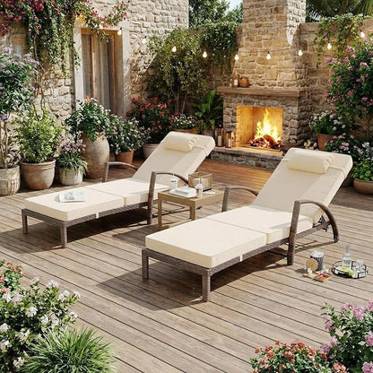 GarveeHome Outdoor Chaise Lounge Set of 2, Weather-Resistant PE Rattan Recliners with 5 Adjustable Positions, Wheels, Armrests, Cushions & Pillows, Collapsible for Poolside, Deck