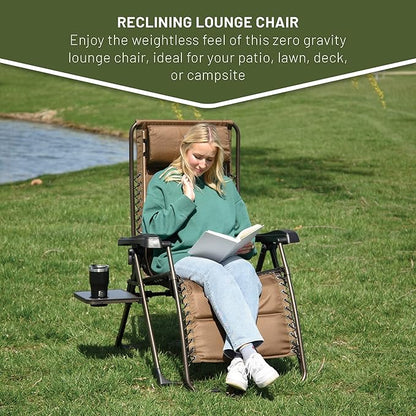TIMBER RIDGE Aluminum Zero Gravity Chairs, Folding Recliner Chair Padded with Cup Holder and Headrest, Adjustable Lounge Reclining Chair for Outdoor Camping Lawn Patio Indoor, Supports 350lbs, Brown