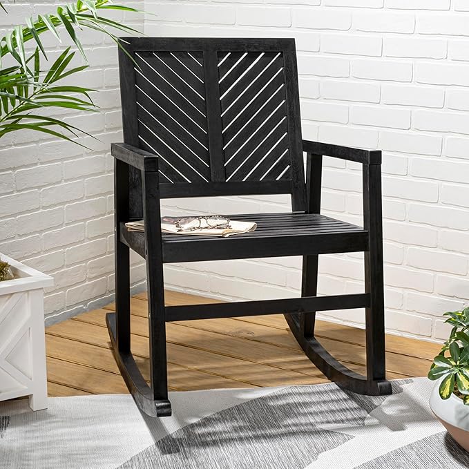 JONATHAN Y RCK100C Ned Modern Chevron-Back 300-Lbs Support Acacia Wood Patio Outdoor Rocking Chair for Garden, Lawn, Backyard, Pool, Deck, Beach, Firepit, Black