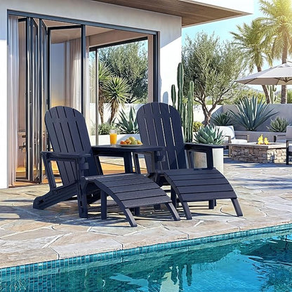 Vongrasig Adirondack Chairs Set of 2 with Removable Tabletop and Footrest, All-Weather HDPE Outdoor Chair Set with Wooden Textured, Cup Holder for Patio, Poolside, Deck, Garden, Dark Blue