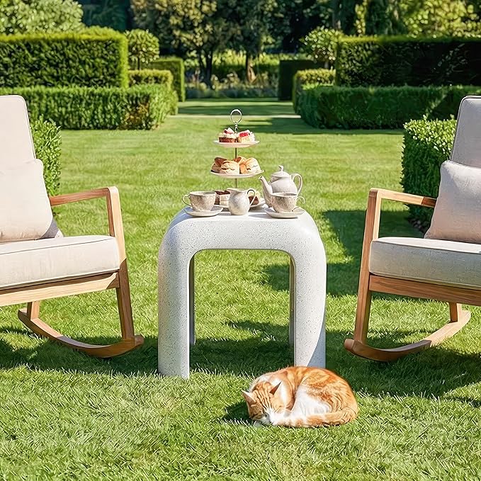 COSIEST White Outdoor Side Table, 17.7" Modern Concrete End Table with Arched Open for Patio, Small Outside Accent Table & Plant Stand for Garden, Porch, Deck, Balcony