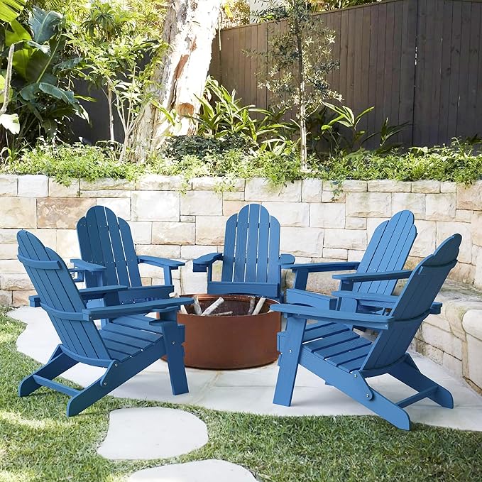 LUE BONA Folding Adirondack Chair Set of 5, HDPS Weather Resistant Outdoor Patio Chair for Balcony Garden, 350lbs Heavy Duty, One-Step No-Pin Folding, Wood Grain Texture, Fire Pit Seating, Navy Blue