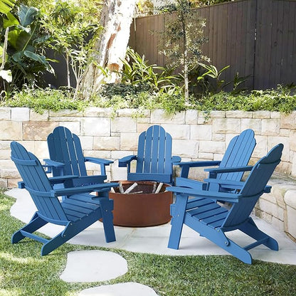 LUE BONA Folding Adirondack Chair Set of 5, HDPS Weather Resistant Outdoor Patio Chair for Balcony Garden, 350lbs Heavy Duty, One-Step No-Pin Folding, Wood Grain Texture, Fire Pit Seating, Navy Blue
