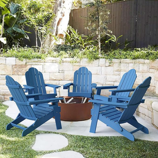 LUE BONA Folding Adirondack Chair Set of 5, HDPS Weather Resistant Outdoor Patio Chair for Balcony Garden, 350lbs Heavy Duty, One-Step No-Pin Folding, Wood Grain Texture, Fire Pit Seating, Navy Blue