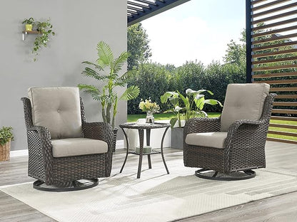 Rilyson Wicker Rocking Chair Swivel Chairs - 2 Piece Rocker Patio Chairs Set Rattan Rocking Chair for Outdoor Porch Deck Garden Backyard (Brown/Grey)