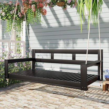 Merax Patio Wooden Twin Size Porch Swing Daybed Frame, Farmhouse Swing Bench Chair with 4 Hanging Ropes for Backyard, Garden, Outdoor, Black