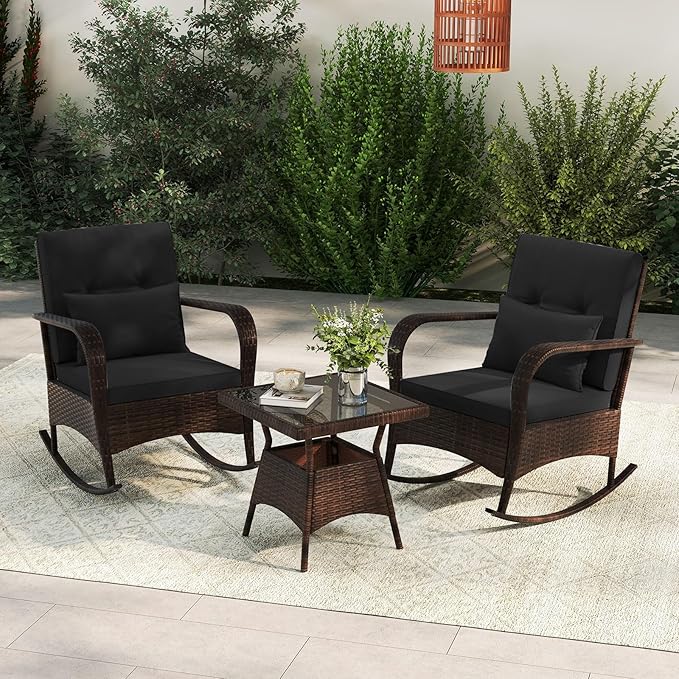 ORALNER 3 Pieces Patio Furniture Set, Outdoor Wicker Rocking Chairs with Cushions, Pillows, Glass Coffee Table, Rattan Bistro Rocker Set for Balcony Front Porch Poolside Garden Deck Yard (Black)