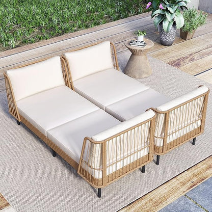 Tangkula Patio Rattan Daybed Set of 2, Boho Outdoor Wicker Lounge Sofa with Seat & Back Cushions, 2-Seat Bench Sun Lounger Chair with Robust Metal Legs for Deck, Backyard, Porch, Poolside (Off White)