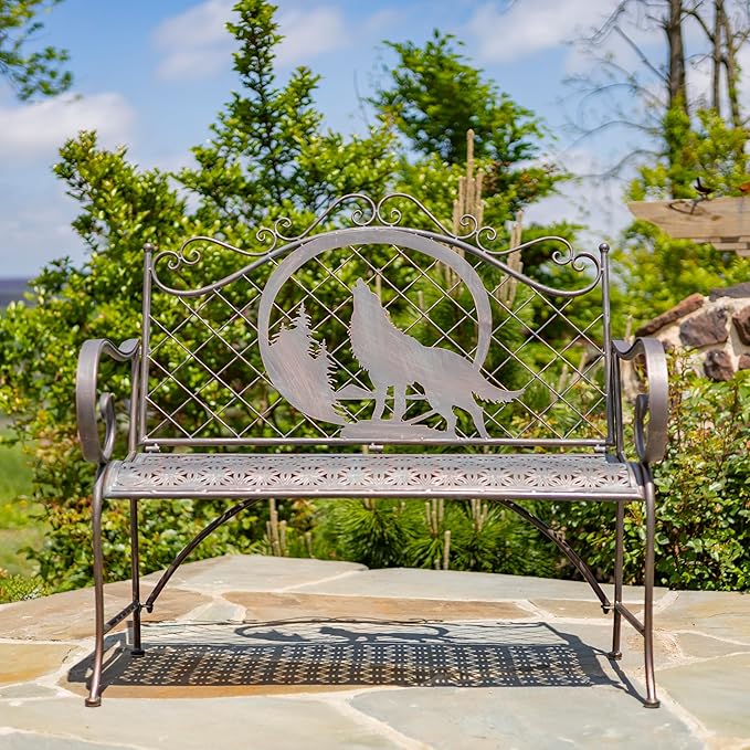 Classic Iron Garden Bench with Nature Scenery (Howling Wolf Backrest in Bronze)