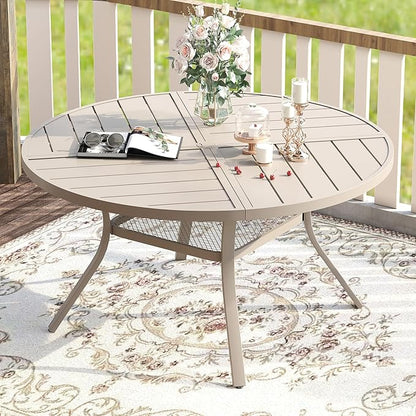 VICLLAX Round Patio Table with Adjustable Umbrella Hole for 6, All Weather Metal Outdoor Dining Table for Lawn Garden, 47.2" Outdoor Coffee Table, Cream Color Frame