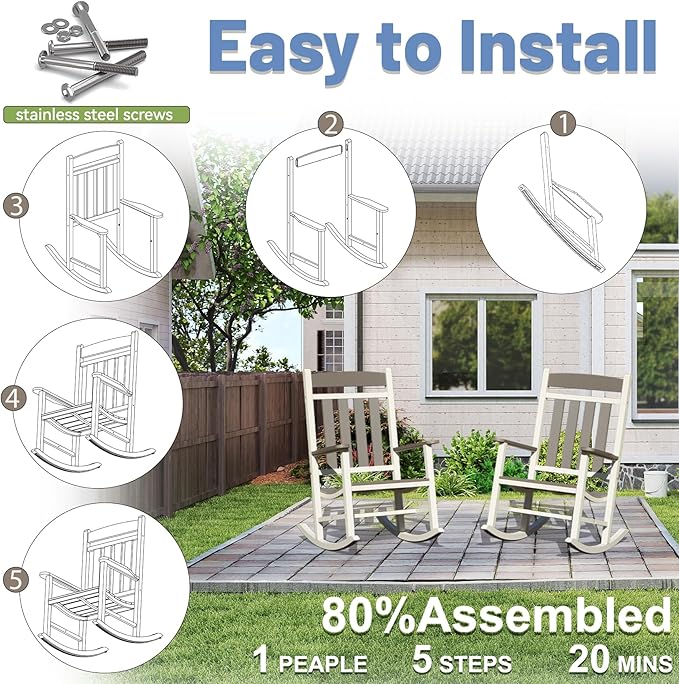 Outdoor Patio Rocking Chairs Set of 2, Made of Metal & WPC, Outside Oversized Porch Rocker Chairs with High Back for Adults, Weather Resistant Outdoor Rocker for Garden Lawn - White and Grey
