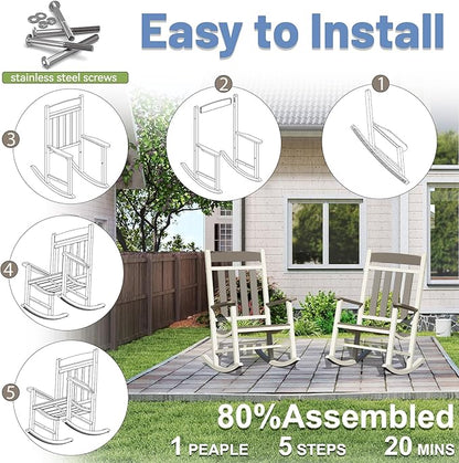 Outdoor Patio Rocking Chairs Set of 2, Made of Metal & WPC, Outside Oversized Porch Rocker Chairs with High Back for Adults, Weather Resistant Outdoor Rocker for Garden Lawn - White and Grey