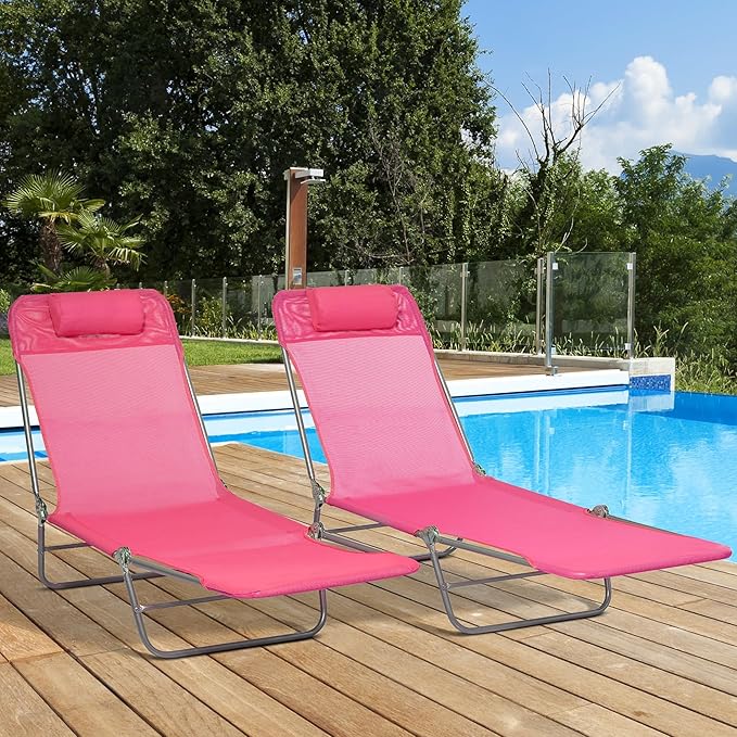 Outsunny 2 Piece Folding Chaise Lounge Chairs, Pool Sun Tanning Chairs with Reclining Back, Breathable Mesh Seat - Photo 2