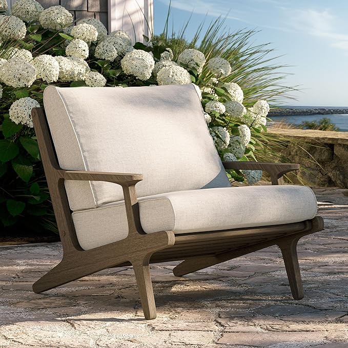 Modway Saratoga Teak Outdoor Lounge Chair in Pebble – Oversized Patio Accent Armchair with Wood Frame and Weather-Resistant Cushions