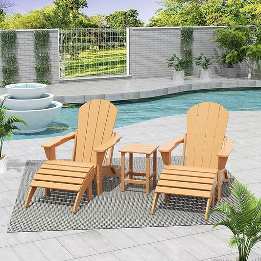 WestinTrends Malibu Outdoor Lounge Chairs Set, 5-Pieces Adirondack Chair Set of 2 with Ottoman and Side Table, All Weather Poly Lumber Patio Lawn Folding Chair for Outside, Teak