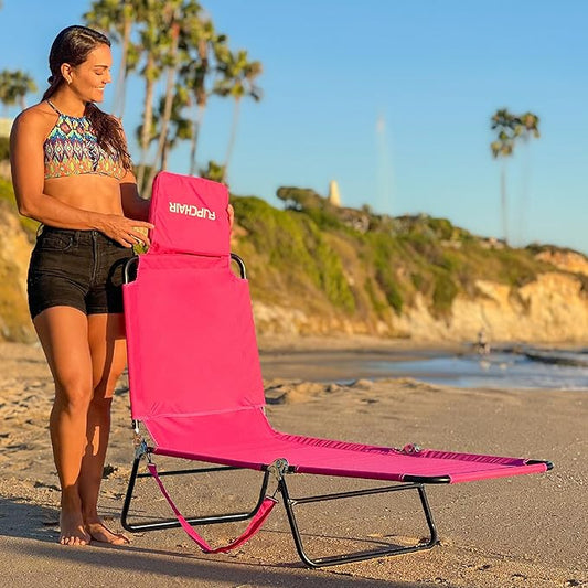 EASYGO PRODUCTS Lawn Chair Chaise Lounge 2 Legs Support Polyester Material Reclining Backrest Head Rest Pillow Great for Beach, Home, Backyard, Outdoor, Patio, Pool, Camping, Lawn or Deck Color Pink