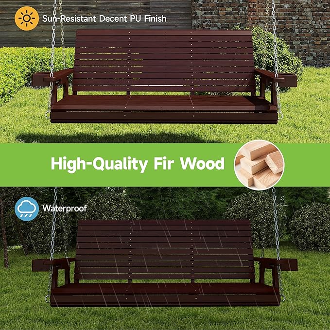 Real Relax Front Porch Swing, Wooden 3 Person Outdoor Hanging Patio Swing Chair with Cup Holders - Photo 6
