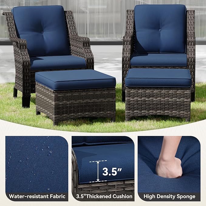 Wicker Patio Furniture Set - 4 Piece Rattan Outdoor Conversation Sets with 2 Wicker Patio Chairs,2 Ottomans for Garden, Backyard, Balcony and Deck