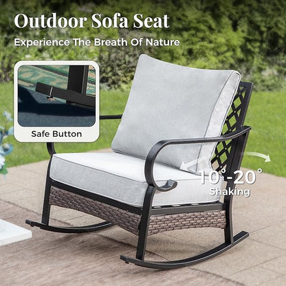 Outdoor Patio Rocking Sofa Chairs Set of 2 Steel Frame Porch Furniture with Deep Seating and 5.75" Cushions for Lawn Backyard Deck, Light Grey