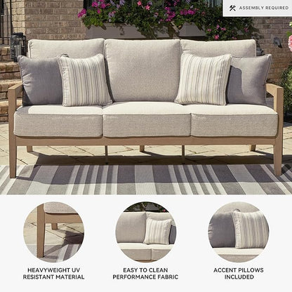 Signature Design by Ashley Hallow Creek Cottage Nuvella Weather Resistant Fabric Outdoor Sofa with Cushion and 4 Throw Pillows, Light Brown & Beige