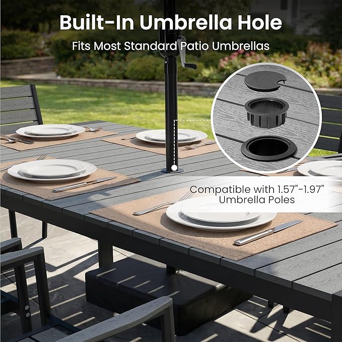 Crestlive Products Outdoor Dining Table for 6, 71in Aluminum Patio Table with Umbrella Hole Weather-Resistant Rectangle Outside Table for Garden Backyard Indoor, Grey