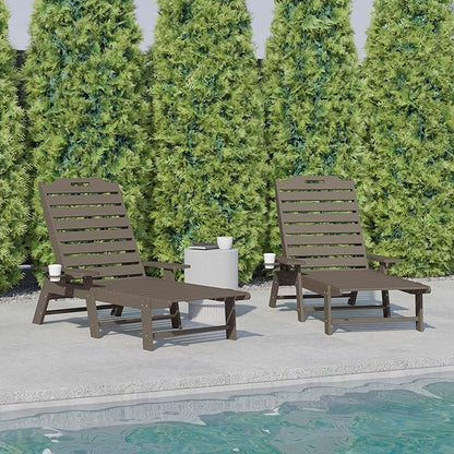 Flash Furniture Monterey Adjustable Adirondack Loungers with Cup Holders- All-Weather Indoor/Outdoor HDPE Lounge Chairs, Set of 2, Brown
