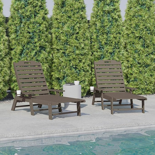 Flash Furniture Monterey Adjustable Adirondack Loungers with Cup Holders- All-Weather Indoor/Outdoor HDPE Lounge Chairs, Set of 2, Brown